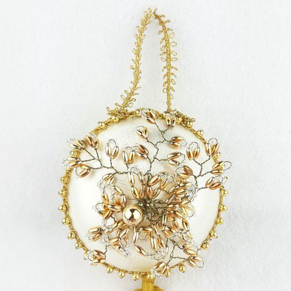 Vintage Satin Beaded Christmas Ornament Cream Gold - Picture 3 of 11